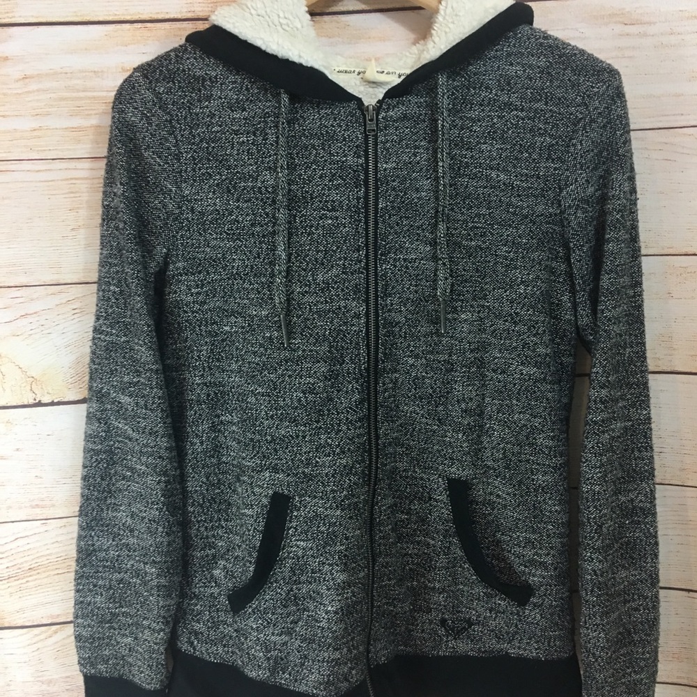 Roxy Sherpa Lined Zip Up Hoodie Sweater Black Med.